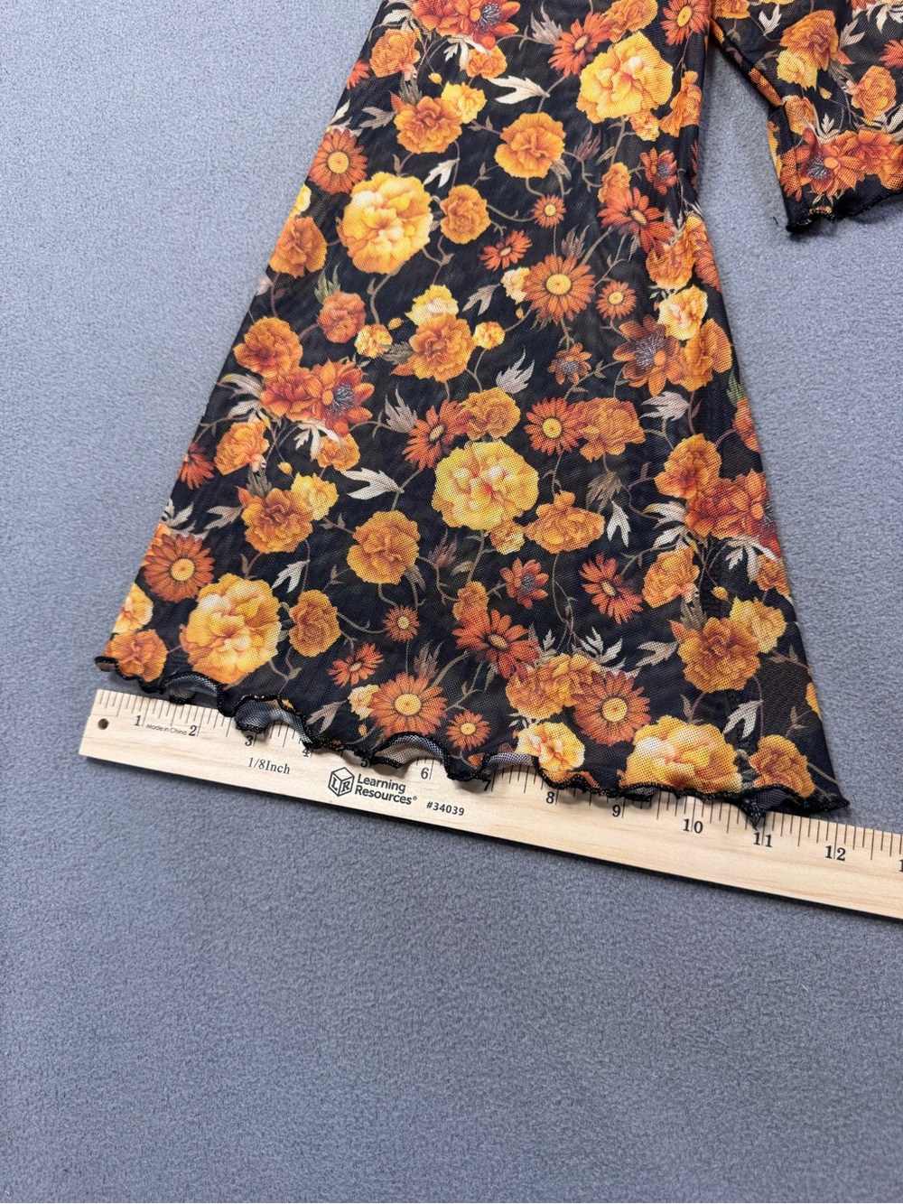 Boho Sheer Floral SheerLong Sleeve Crop Top Black with Orange Yellow Flowers, XL - Picture 9 of 14